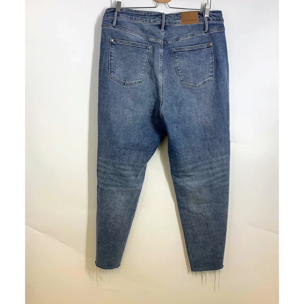 Judy Blue Womens Straight Distressed Jeans High Rise Straight Leg Raw Hem SZ 14W